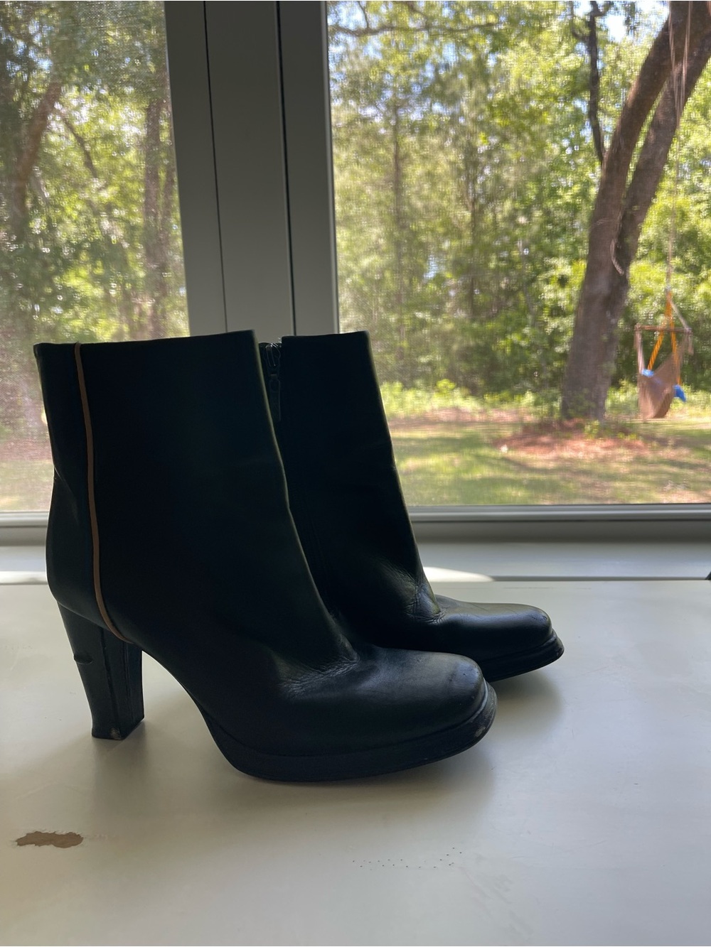 BCBG Black Leather Ankle Booties with Brown Trim